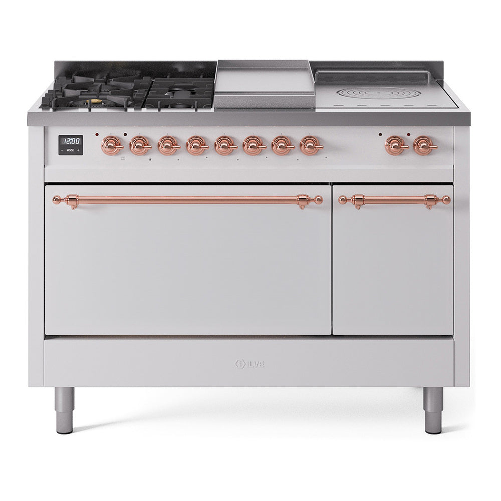 White dual fuel range with copper-trim knobs, 5-burner cooktop, griddle and French top