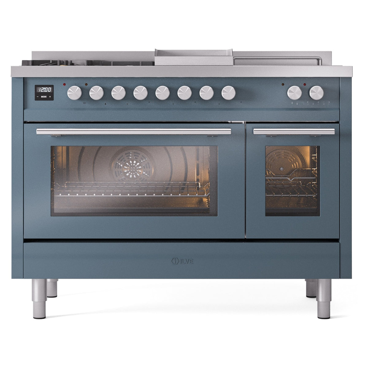 Blue-grey dual fuel range front with lit oven interiors and control knobs along back panel
