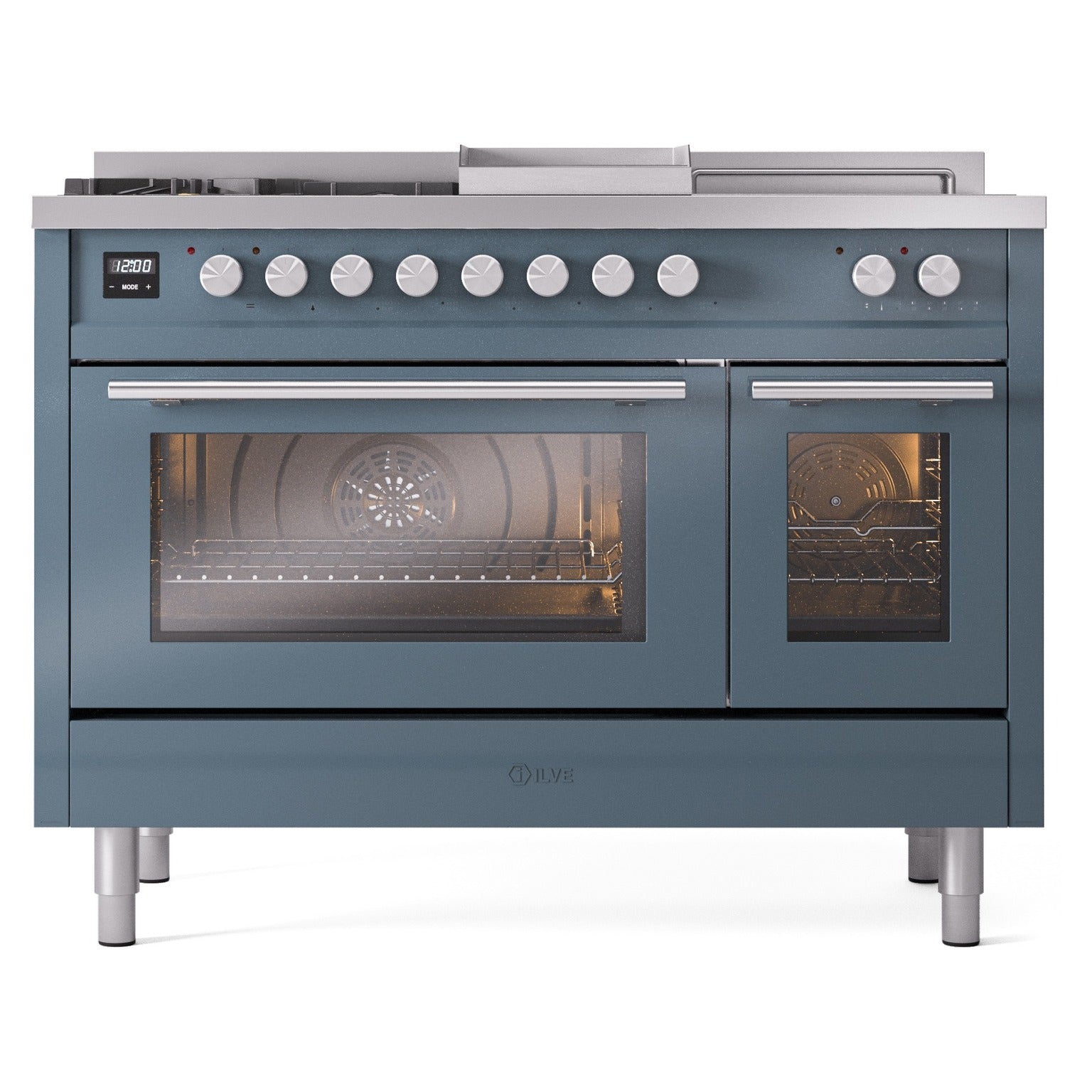 Blue grey dual fuel range view with control knobs, two ovens, and open oven doors
