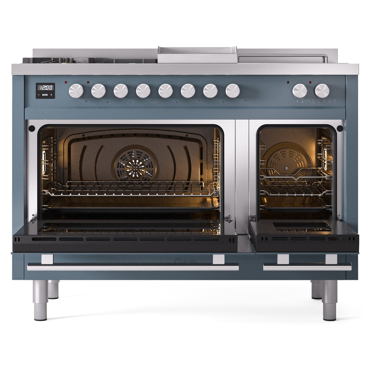 Blue-grey dual fuel range with both oven doors open showing interior racks and lights