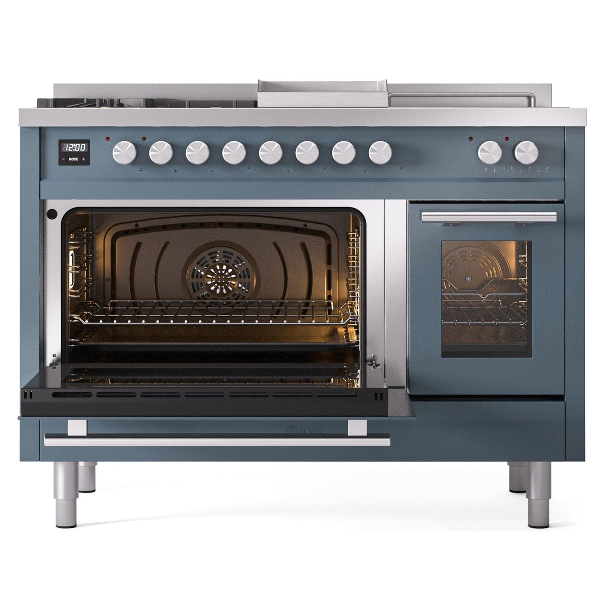 Blue grey dual fuel range with left oven open and right door window, internal lights on