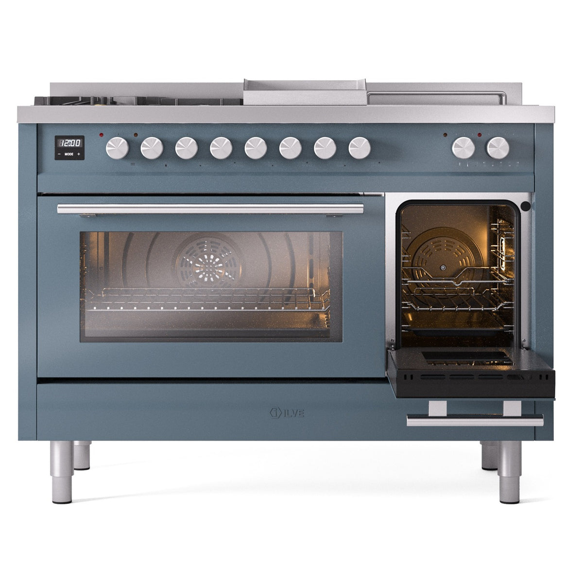 Blue-grey dual fuel range with one oven door open and other oven door closed
