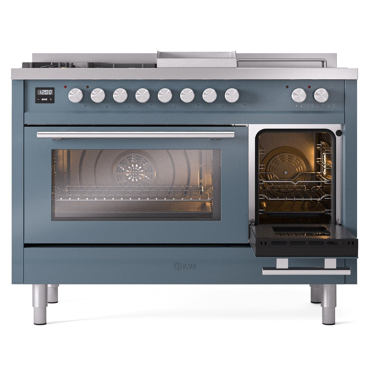 Blue grey dual fuel range front view with left oven open and right oven door ajar