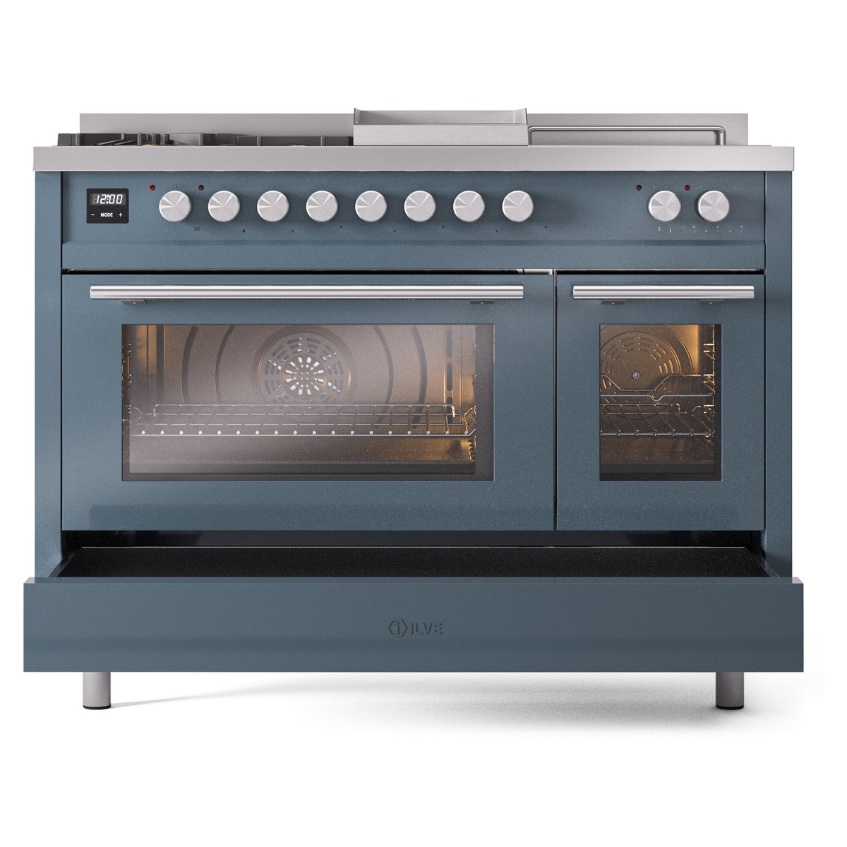 Blue-grey dual fuel range front with left oven window lit and right oven door closed