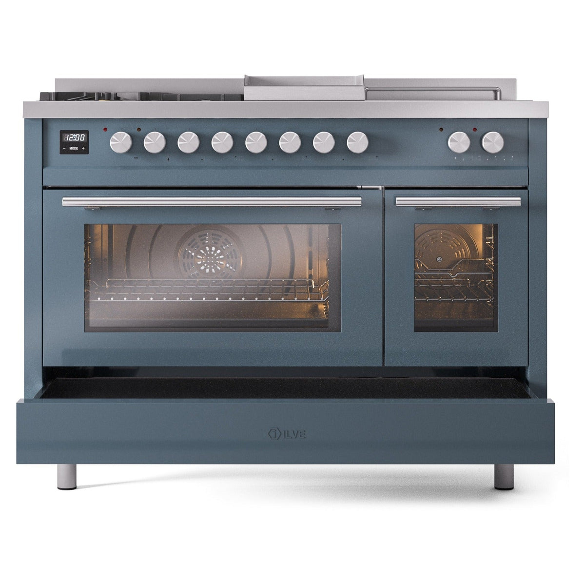 Blue grey dual fuel range front view with left oven door closed and right oven door closed