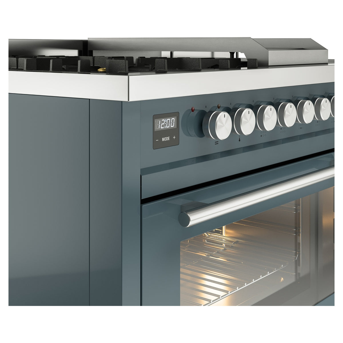 Blue-grey gas range control panel with knobs, display, and oven glass door
