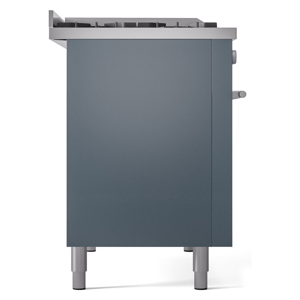 Blue-grey dual fuel gas range rear panel with legs and control knobs at side