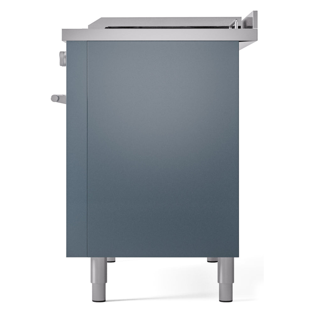 Blue-grey dual fuel gas range rear view with side knobs and vented top section