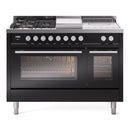 ILVE 48-inch Professional Plus II Natural Gas Dual Fuel Range with 5 Burners, Griddle, French Top, and Triple Glass Door Oven in Glossy Black (UP48FSWMPBK)