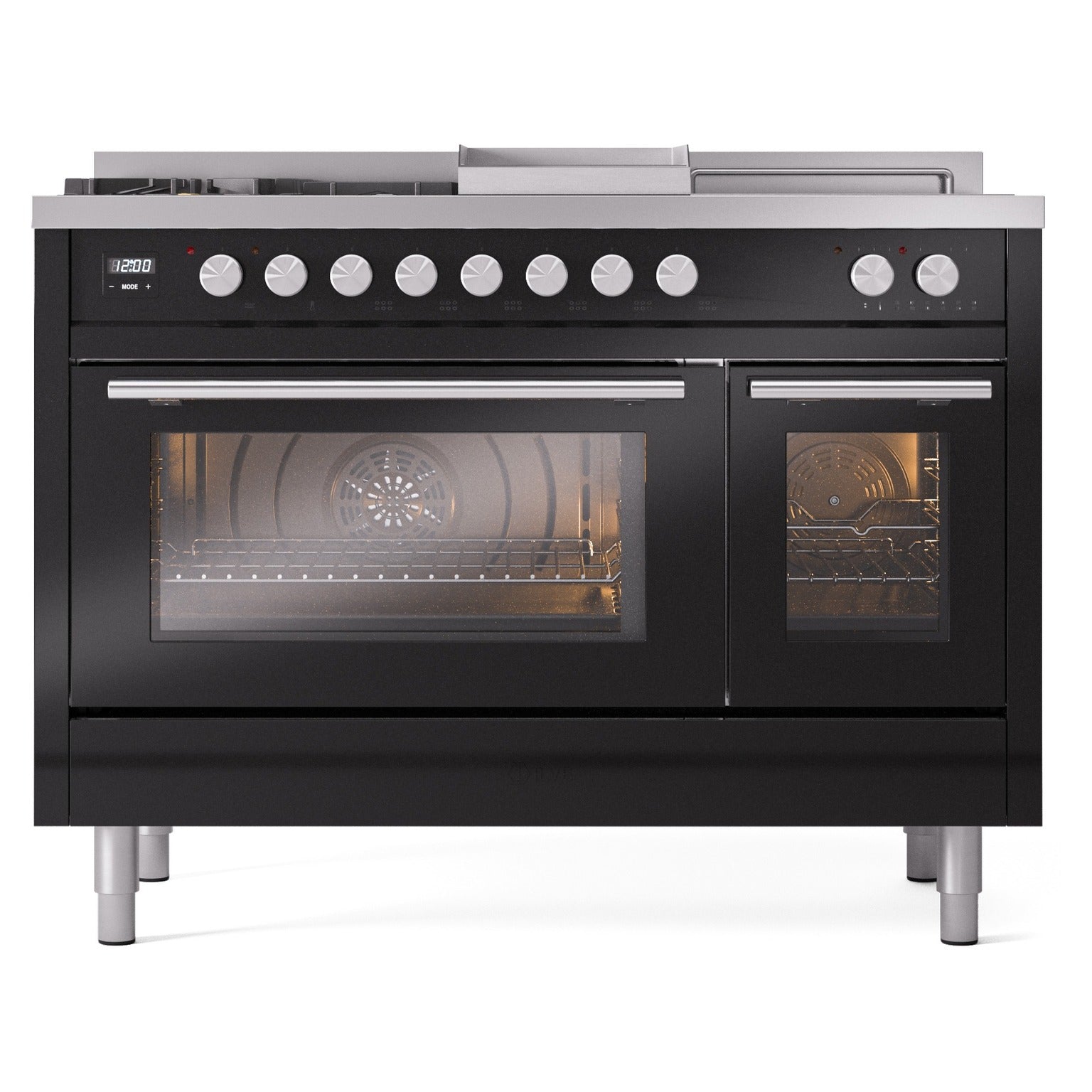 Glossy black range with control knobs, griddle section, and dual glass oven doors