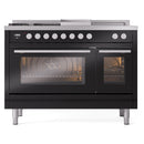 ILVE 48-inch Professional Plus II Natural Gas Dual Fuel Range with 5 Burners, Griddle, French Top, and Triple Glass Door Oven in Glossy Black (UP48FSWMPBK)