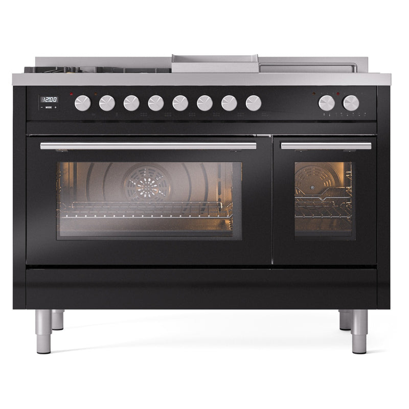 ILVE 48-inch Professional Plus II Dual Fuel Range with 5 Burners, Griddle, French Top, and Triple Glass Door Oven in Glossy Black (UP48FSWMPBK)