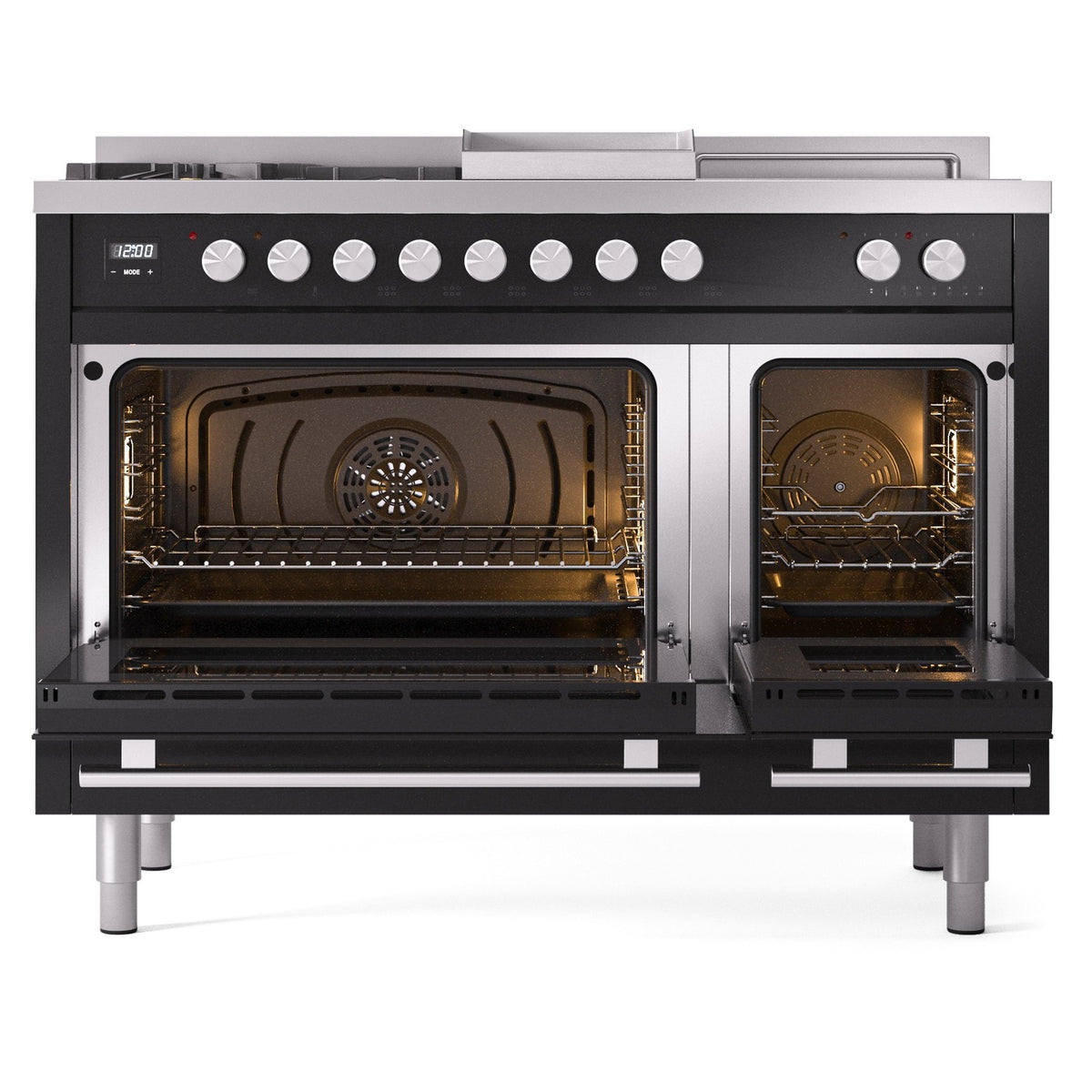 Glossy black gas range with both oven doors open, lights on, racks visible
