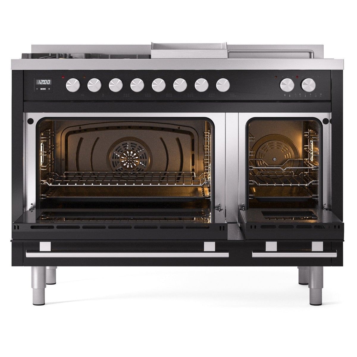 Glossy black dual fuel range with both oven doors open, revealing interior racks