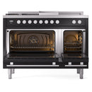 ILVE 48-inch Professional Plus II Natural Gas Dual Fuel Range with 5 Burners, Griddle, French Top, and Triple Glass Door Oven in Glossy Black (UP48FSWMPBK)
