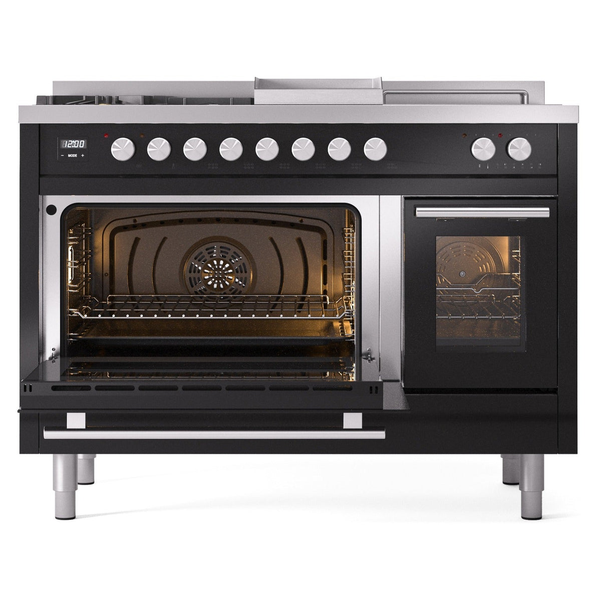 Glossy black dual fuel range with left oven open, showing fan and oven heating interior