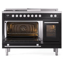 ILVE 48-inch Professional Plus II Natural Gas Dual Fuel Range with 5 Burners, Griddle, French Top, and Triple Glass Door Oven in Glossy Black (UP48FSWMPBK)