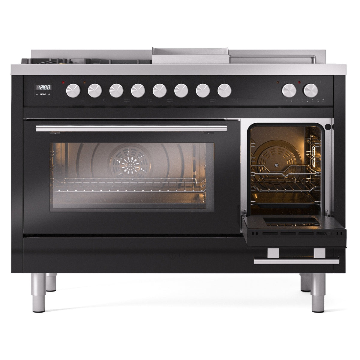 Glossy black range with left oven open and right oven closed, racks visible