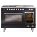 ILVE 48-inch Professional Plus II Natural Gas Dual Fuel Range with 5 Burners, Griddle, French Top, and Triple Glass Door Oven in Glossy Black (UP48FSWMPBK)