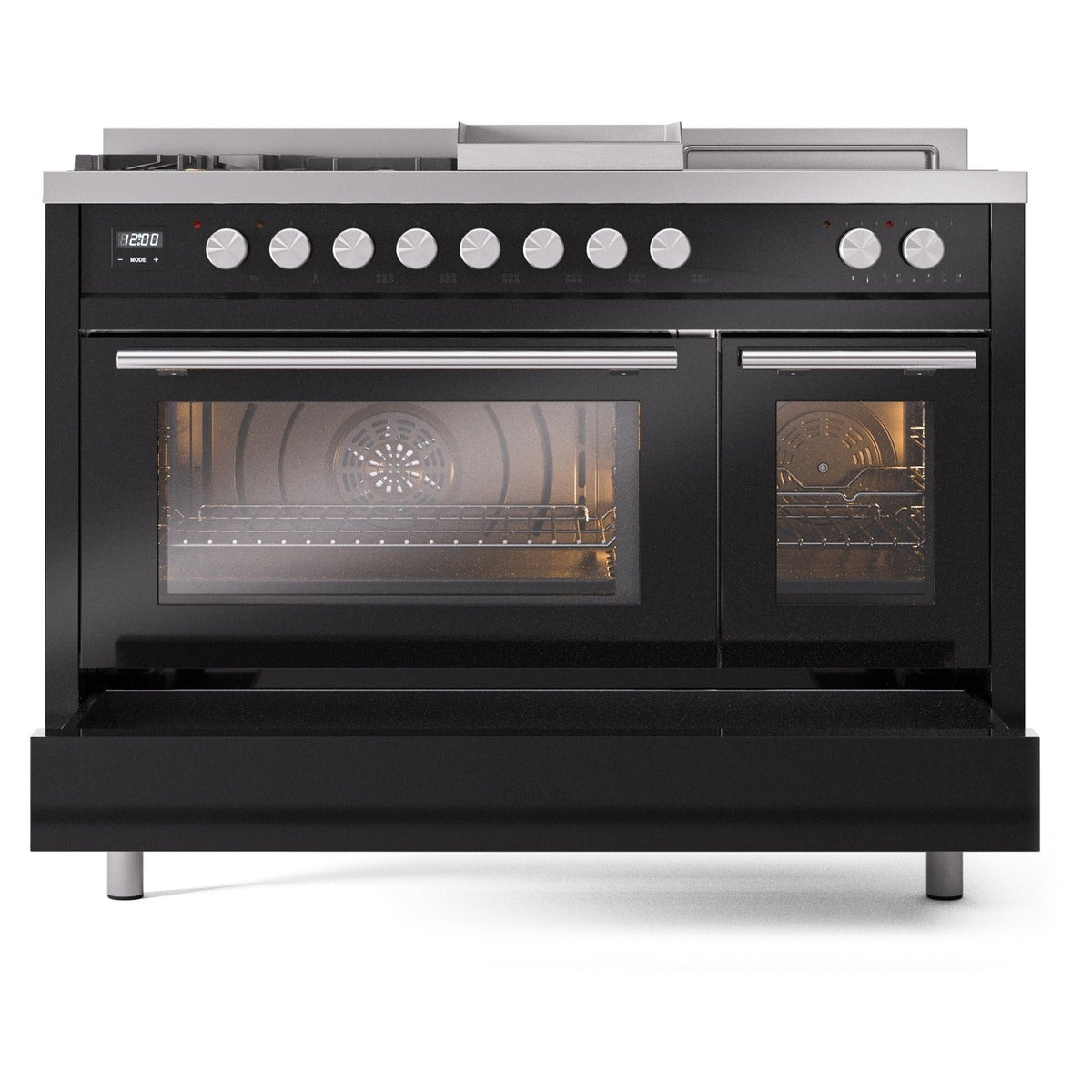 Glossy black dual fuel range with oven doors open and two burner rows on top