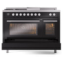 ILVE 48-inch Professional Plus II Natural Gas Dual Fuel Range with 5 Burners, Griddle, French Top, and Triple Glass Door Oven in Glossy Black (UP48FSWMPBK)