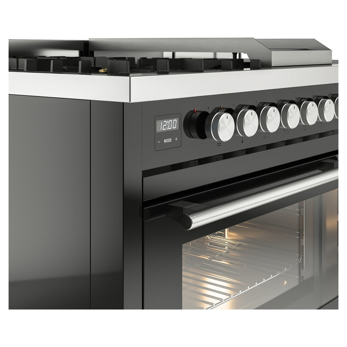 Glossy black range control panel with round knobs and oven door detail