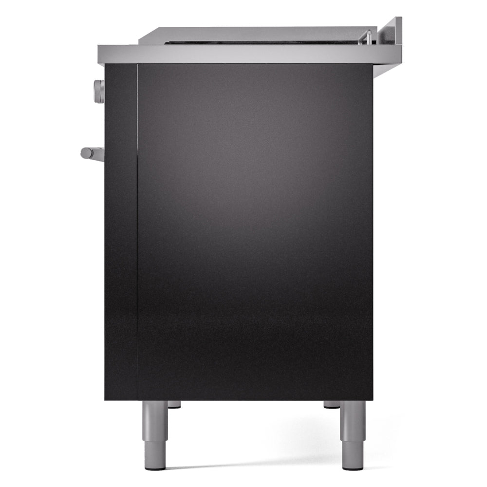 Glossy black professional range side panel with vented top and control knobs