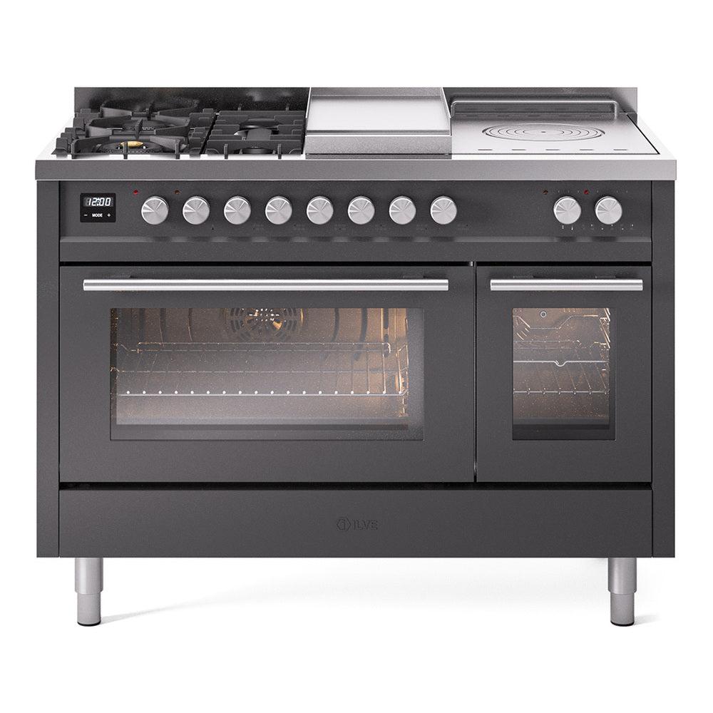 Matte graphite dual fuel range with 5 burners, griddle, and two glass oven doors