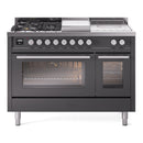 ILVE Professional Plus II 48-inch Natural Gas Dual Fuel Range with 5 Burners, Griddle, & French Top with Triple Glass Door Oven in Matte Graphite (UP48FSWMPMG)