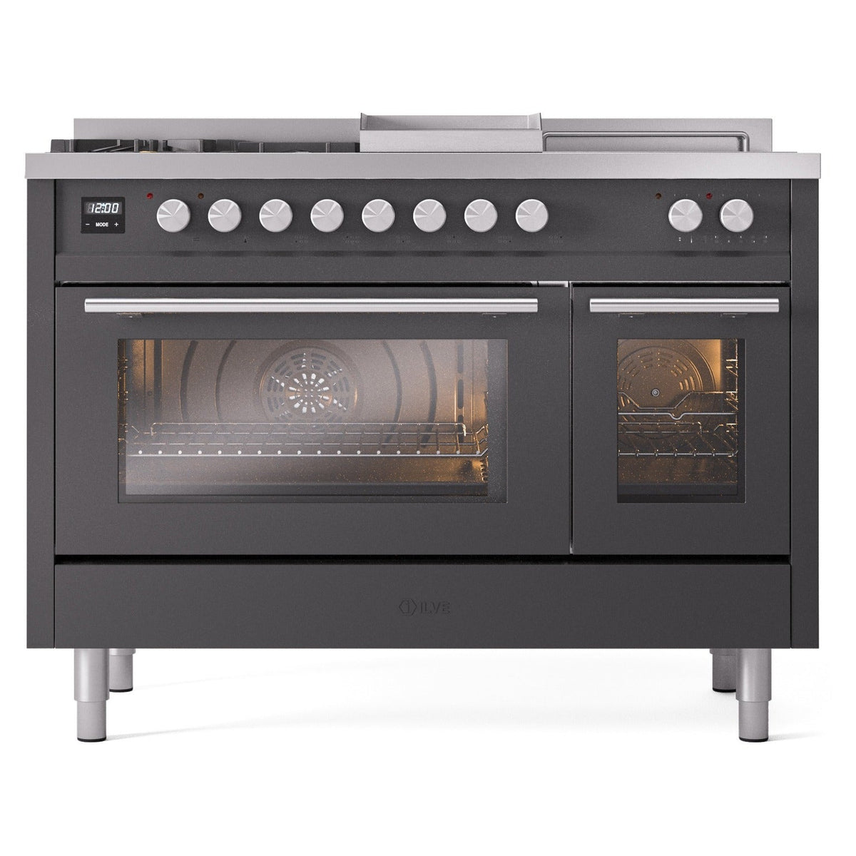 Matte graphite dual fuel range with two oven doors, control knobs, and open burners panel