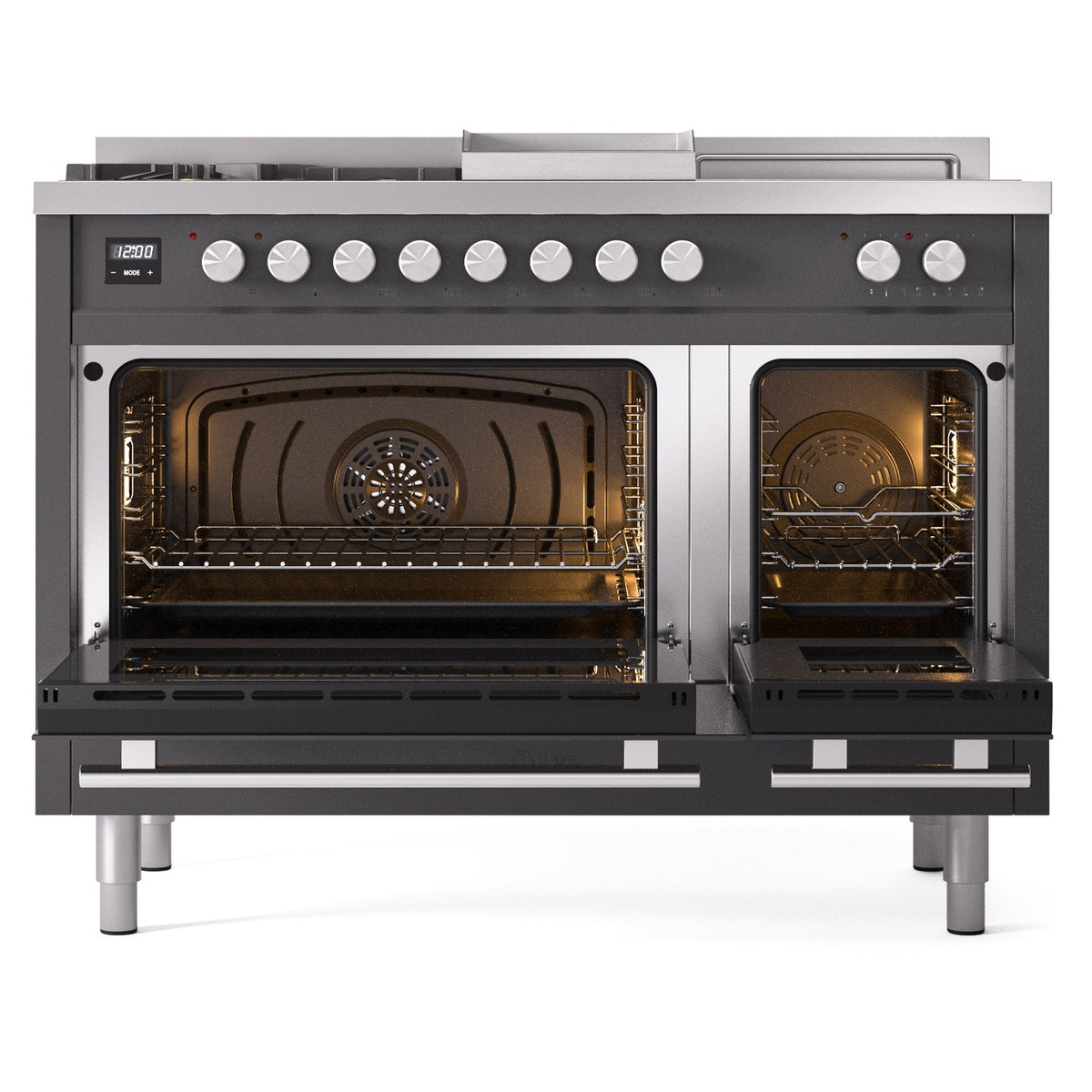 Matte graphite range with both ovens open, burner controls above, and French top