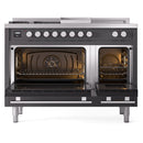 ILVE Professional Plus II 48-inch Propane Gas Dual Fuel Range with 5 Burners, Griddle, & French Top with Triple Glass Door Oven in Matte Graphite (UP48FSWMPMGLP)