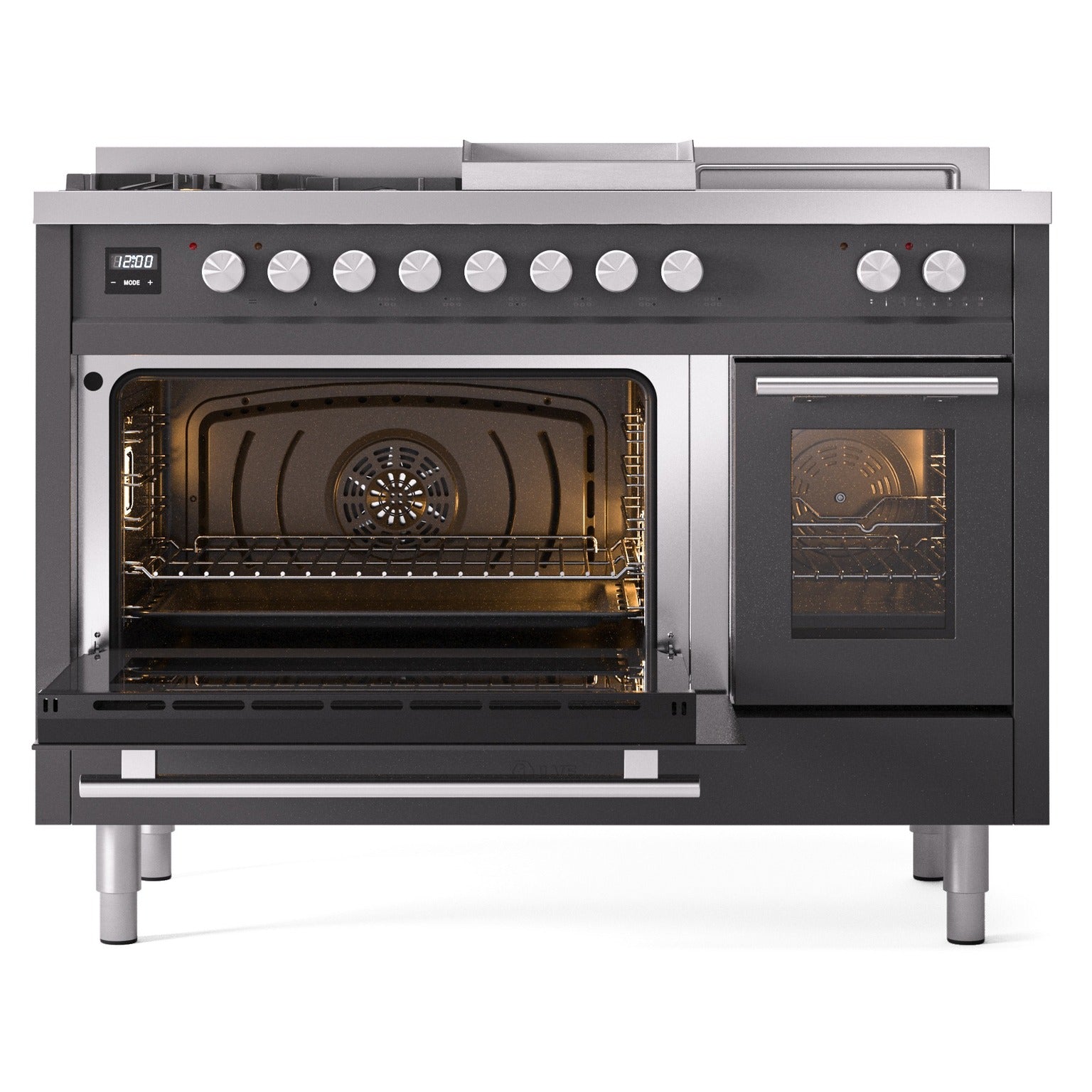 Matte graphite dual fuel range with both ovens open, showing interior racks and burner area