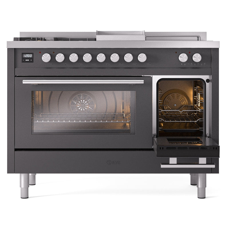 ILVE Professional Plus II 48-inch Dual Fuel Range with 5 Burners, Griddle, & French Top with Triple Glass Door Oven in Matte Graphite (UP48FSWMPMG)