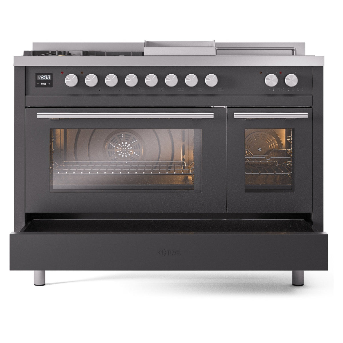 Matte graphite range with both oven doors open and burner knobs across the top