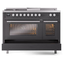 ILVE Professional Plus II 48-inch Propane Gas Dual Fuel Range with 5 Burners, Griddle, & French Top with Triple Glass Door Oven in Matte Graphite (UP48FSWMPMGLP)