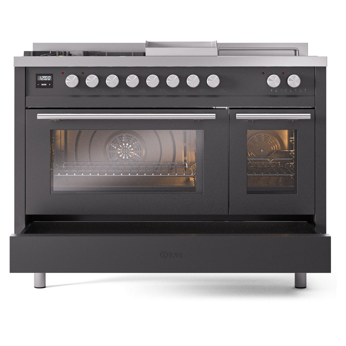 Matte graphite dual fuel range with two oven doors and illuminated oven interior