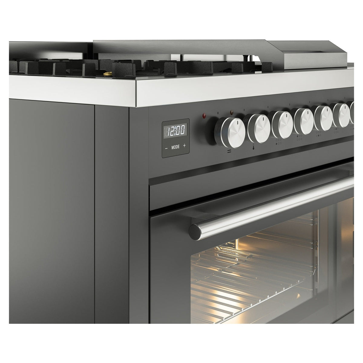 Matte graphite dual fuel range front with row of control knobs and built-in oven handle