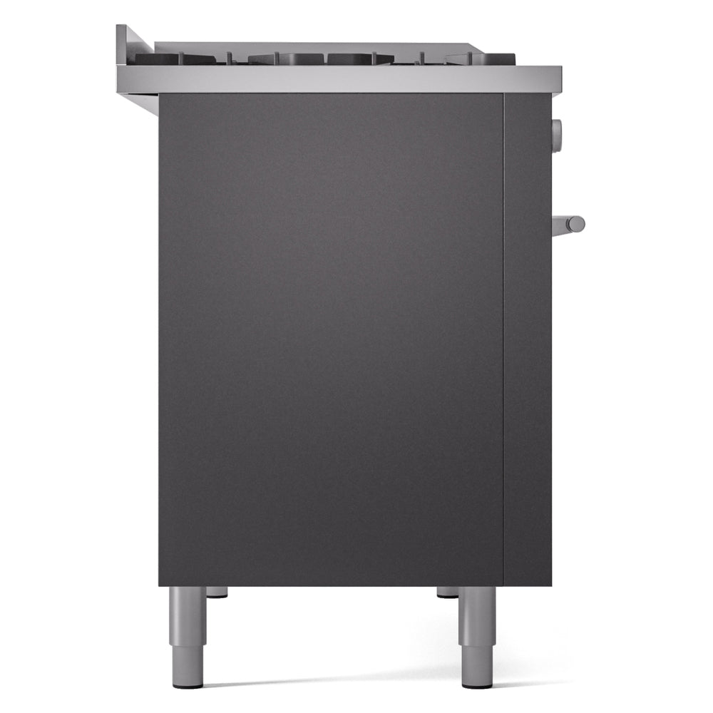 Matte graphite range rear side view with top vents and adjustable leveling legs