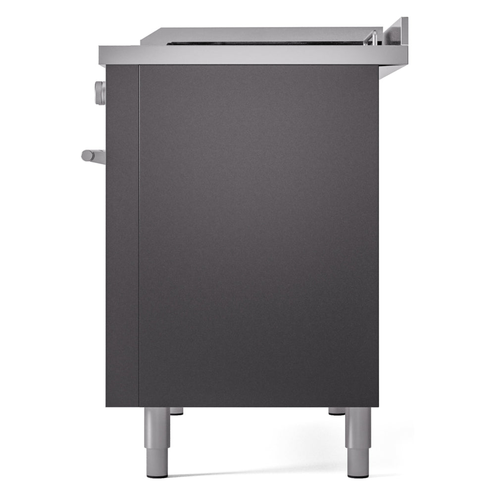 Matte graphite rear side of dual fuel range cabinet with leveling feet and vents