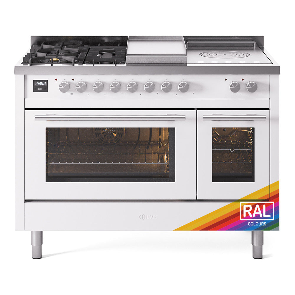 White dual-fuel range with 5 burners, griddle, French top, and two glass-door ovens