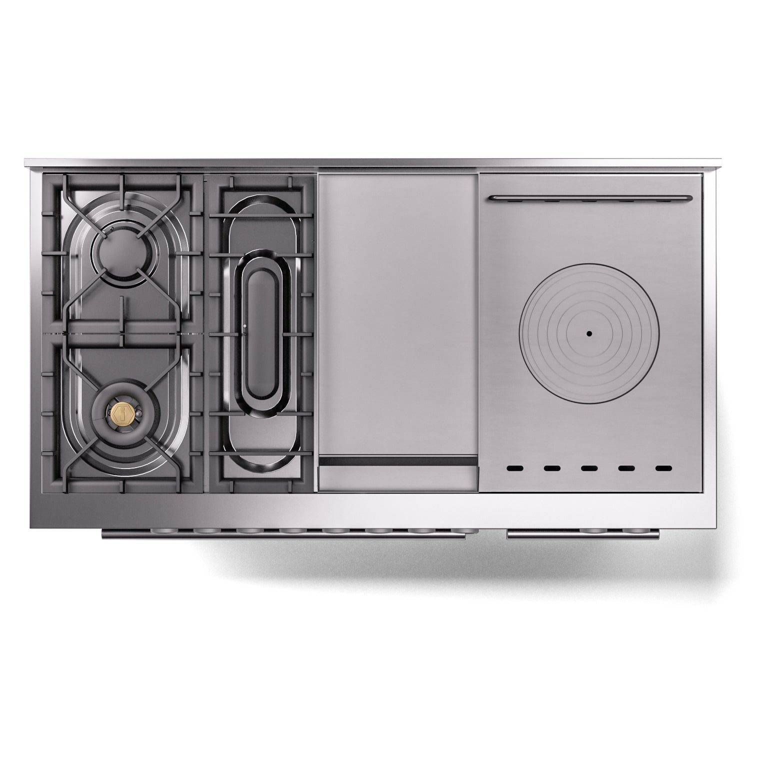 Stainless dual-fuel range cooktop with grates and burner assembly, side view