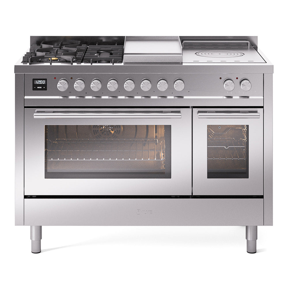 Stainless steel dual-fuel gas range with control knobs, burners, griddle, and two glass-oven doors