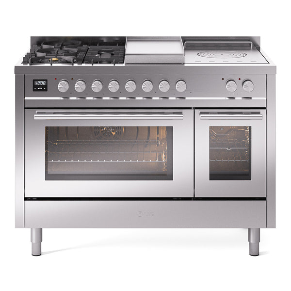 ILVE Professional Plus II 48-inch Dual Fuel Range with 5 Burners, Griddle, & French Top with Triple Glass Door Oven in Stainless Steel (UP48FSWMPSS)