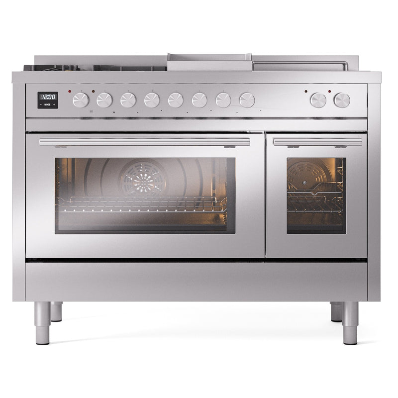 ILVE Professional Plus II 48-inch Dual Fuel Range with 5 Burners, Griddle, & French Top with Triple Glass Door Oven in Stainless Steel (UP48FSWMPSS)