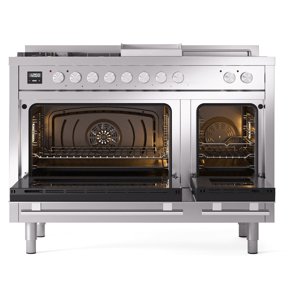 Dual fuel range with two open oven doors showing interior racks and warm lighting
