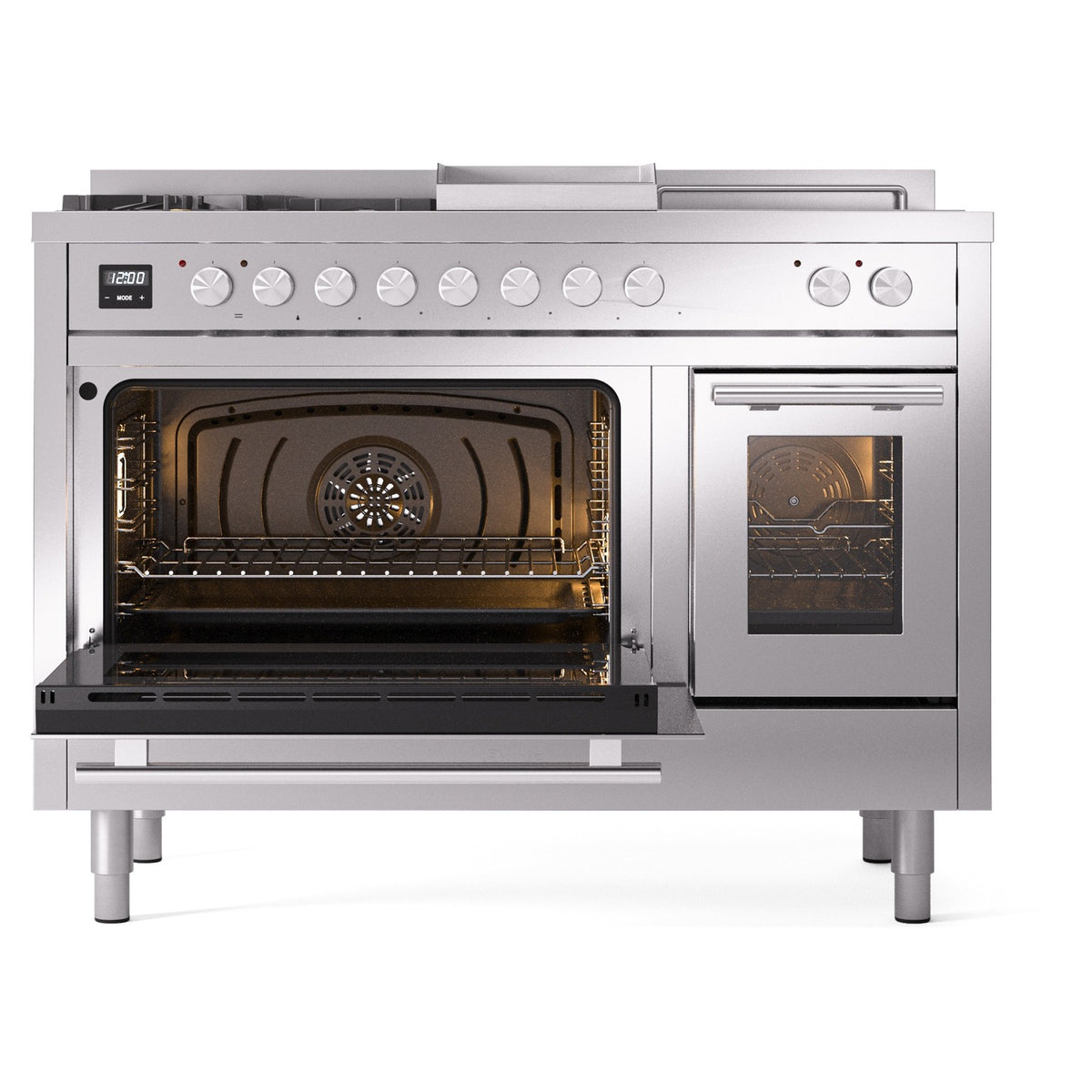 Dual fuel range with left oven door open and right oven door closed; stainless finish