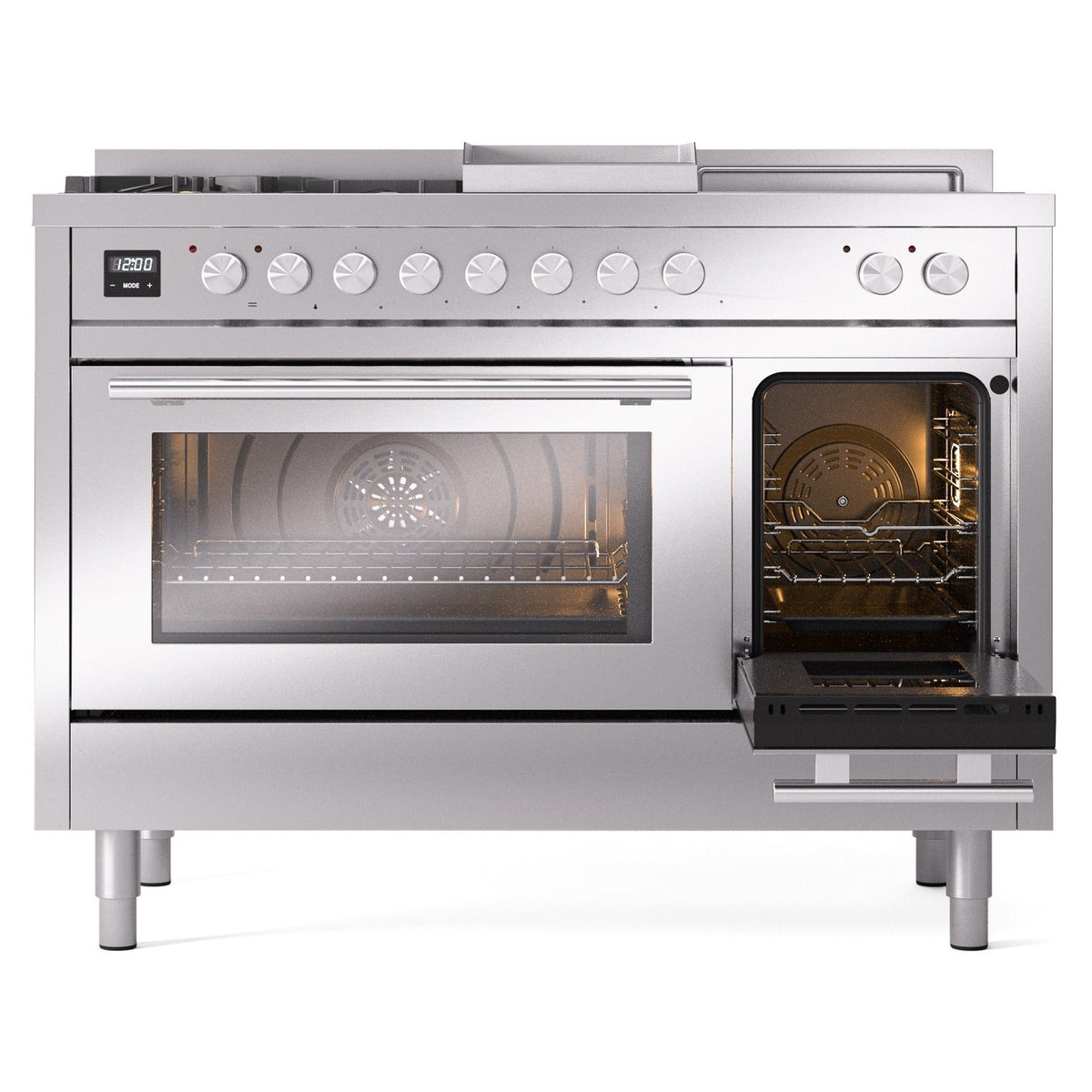 Stainless steel dual fuel range with left oven door open and right oven door open