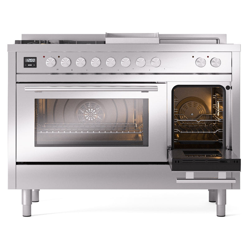 ILVE Professional Plus II 48-inch Dual Fuel Range with 5 Burners, Griddle, & French Top with Triple Glass Door Oven in Stainless Steel (UP48FSWMPSS)