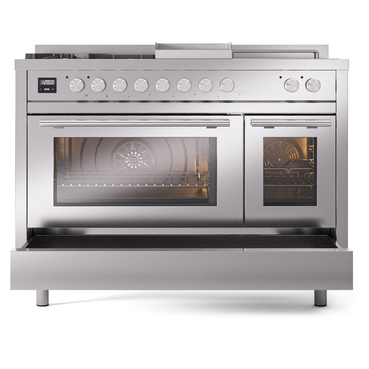 Dual fuel range with wide open oven door showing fan, racks, and stainless interior walls
